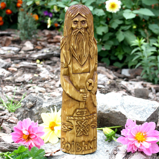 25 cm hand-carved wooden statue of Goibhniu, Celtic smith god, with a long detailed beard