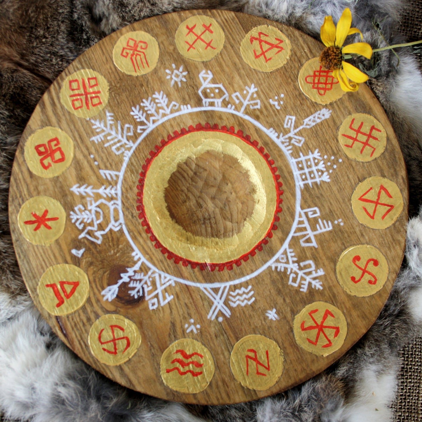 Hand painted pine wood Slavic pagan altar with traditional symbols