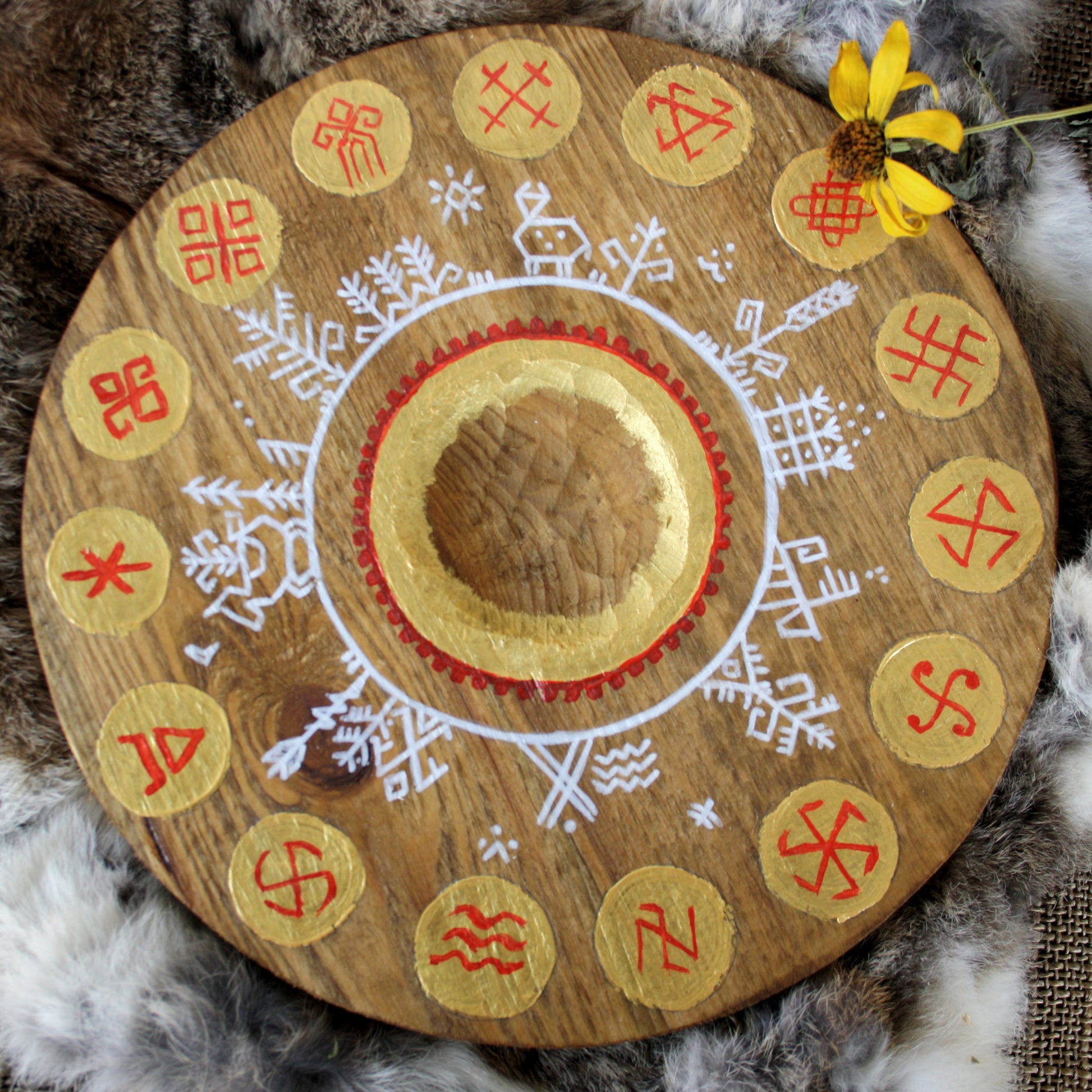 Hand painted pine wood Slavic pagan altar with traditional symbols
