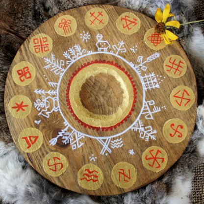 Hand painted pine wood Slavic pagan altar with traditional symbols