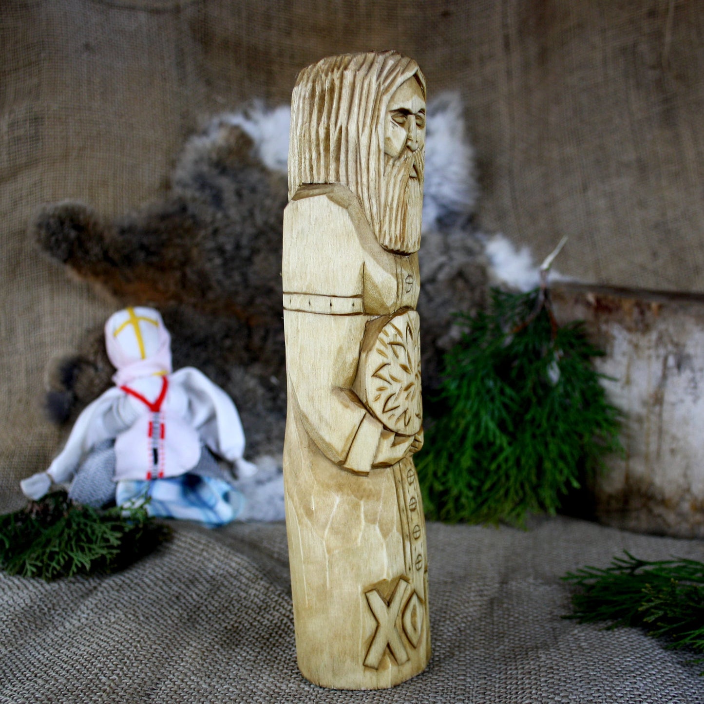 Right side of Khors Slavic God hand carved wooden statue