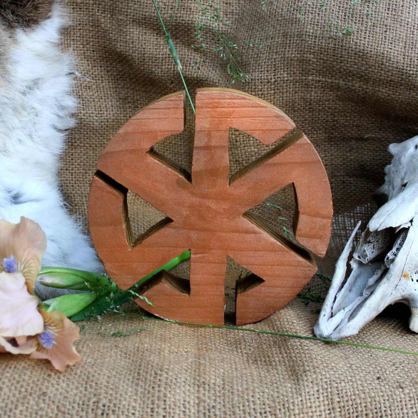 Hand carved wooden Kolovrat Slavic symbol, 14 cm linden wood with bronze finish