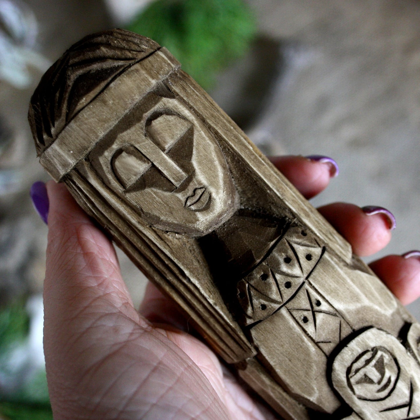Close-up of Lada Slavic goddess of love wooden idol 25 cm showing hand-carved facial details