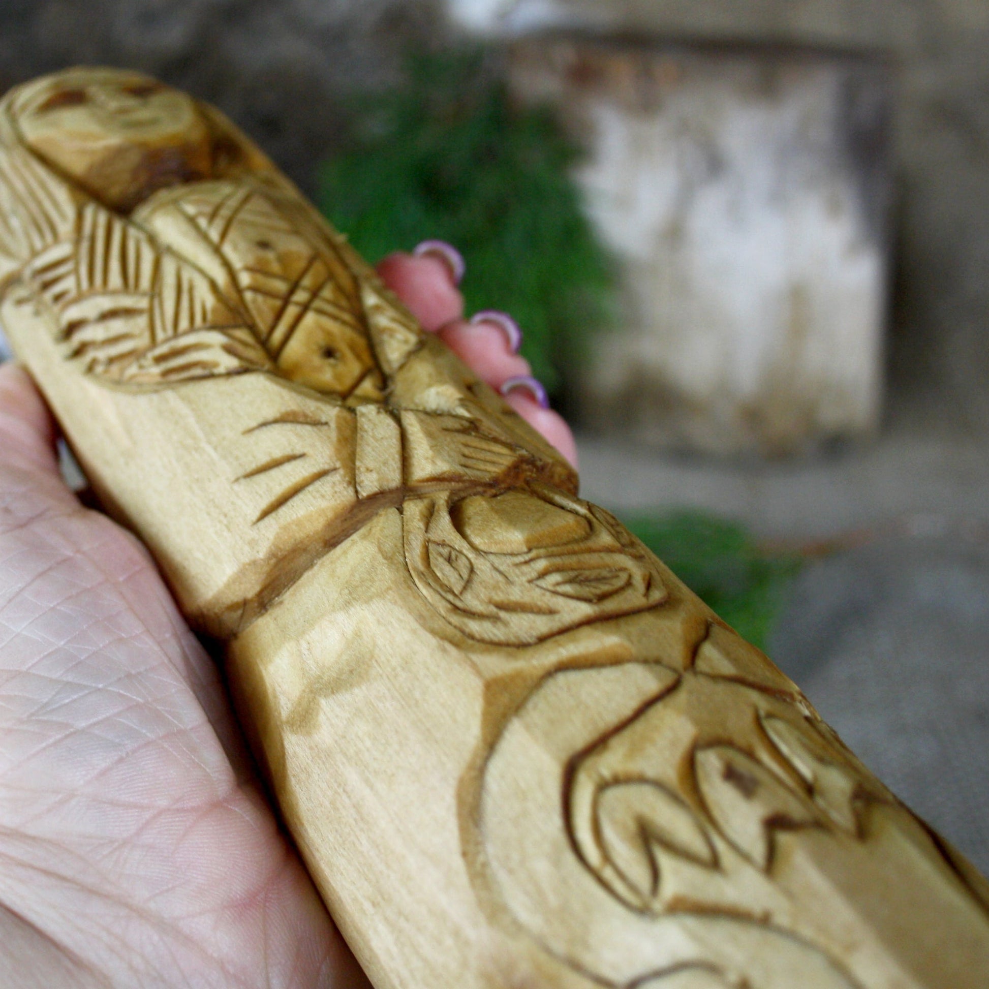 Close-up of natural wood grain on Lada Slavic Goddess statue