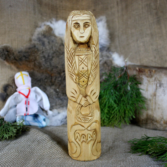 Front view of Lada Slavic Goddess wooden statue 25 cm hand carved from linden wood