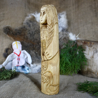 Left side of Lada Slavic Goddess wooden statue handcrafted from linden wood