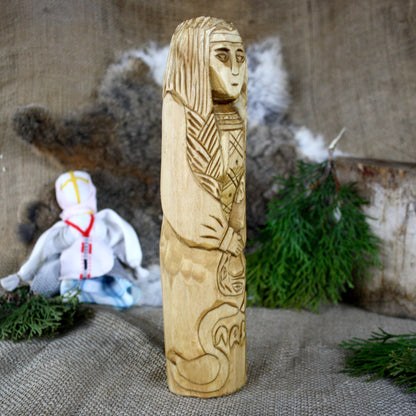 Right side of Lada Slavic Goddess hand carved wooden statue