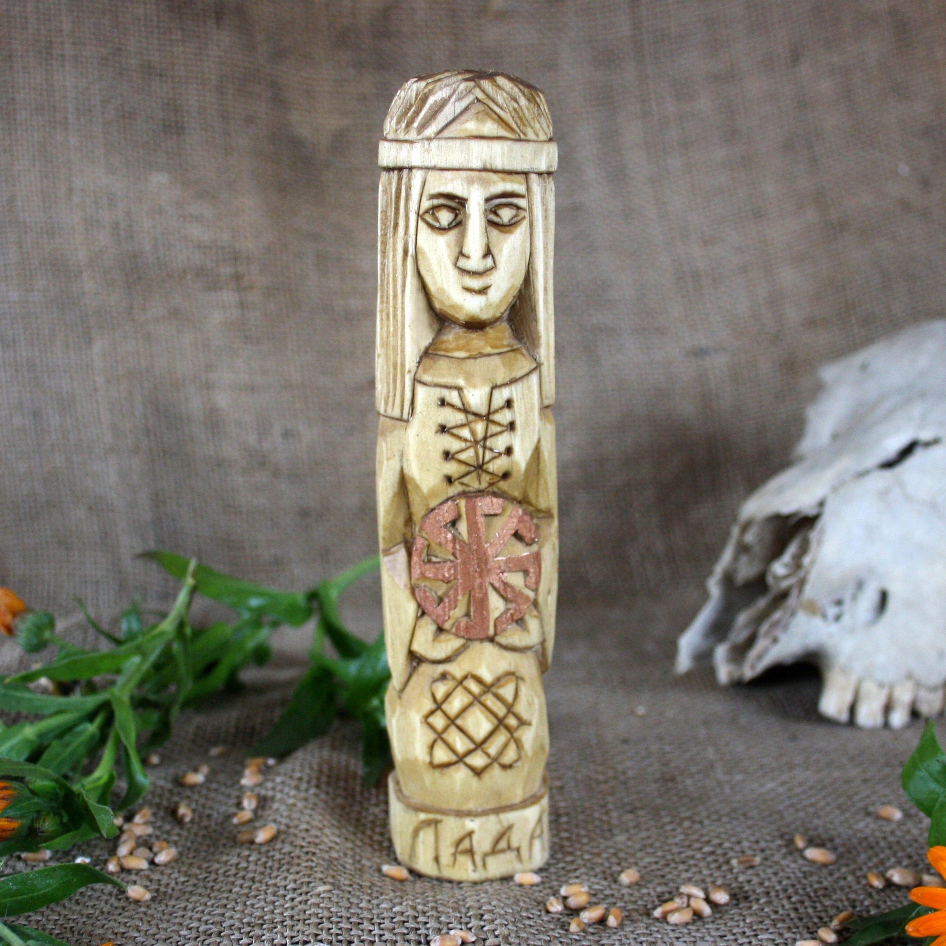 Front view of Lada Slavic wooden idol 18 cm hand carved from linden wood