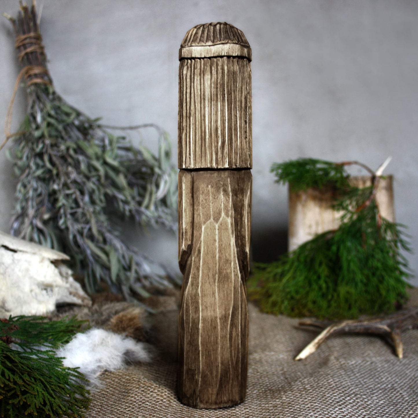 Back view of Lada Slavic wooden idol 25 cm with dark finish