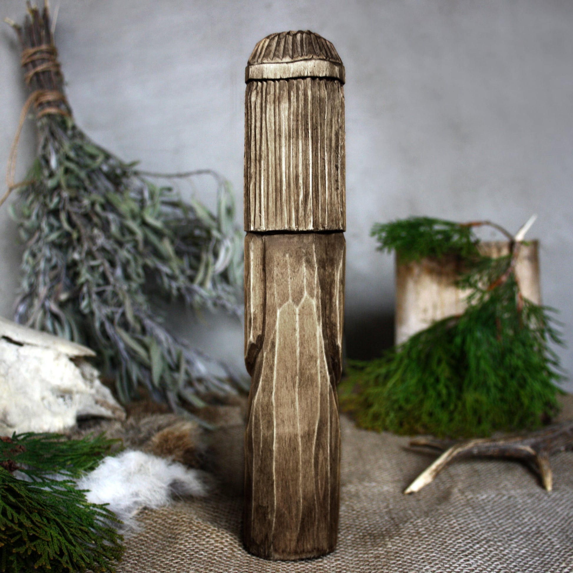 Back view of Lada Slavic wooden idol 25 cm with dark finish