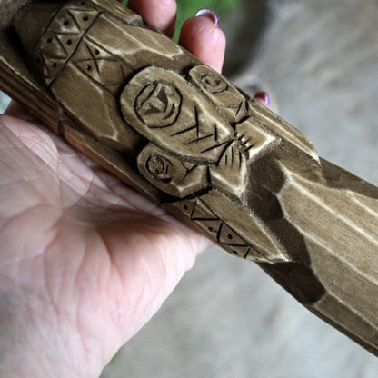 Detailed view of Lada Slavic wooden idol 25 cm showing traditional hand-carved ornaments