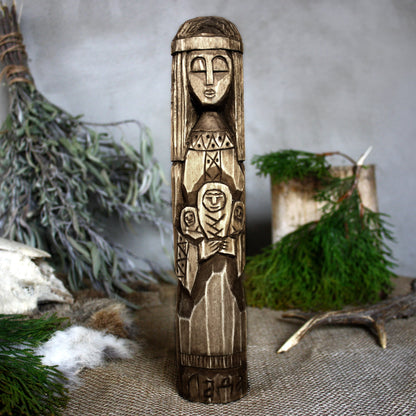 Front view of Lada Slavic wooden idol 25 cm with dark wood finish