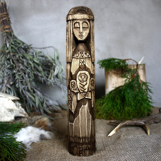 Front view of Lada Slavic wooden idol 25 cm with dark wood finish