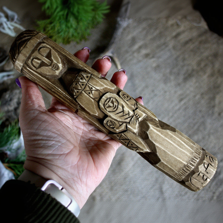 Lada Slavic wooden idol 25 cm held in hand to show size and scale