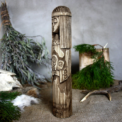 Left side of Lada Slavic goddess wooden idol 25 cm hand carved from linden wood