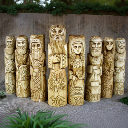 Large hand carved Slavic Gods wooden statues collection 