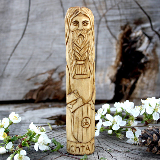 Luchtaine Celtic god 15cm hand-carved wooden statue front view