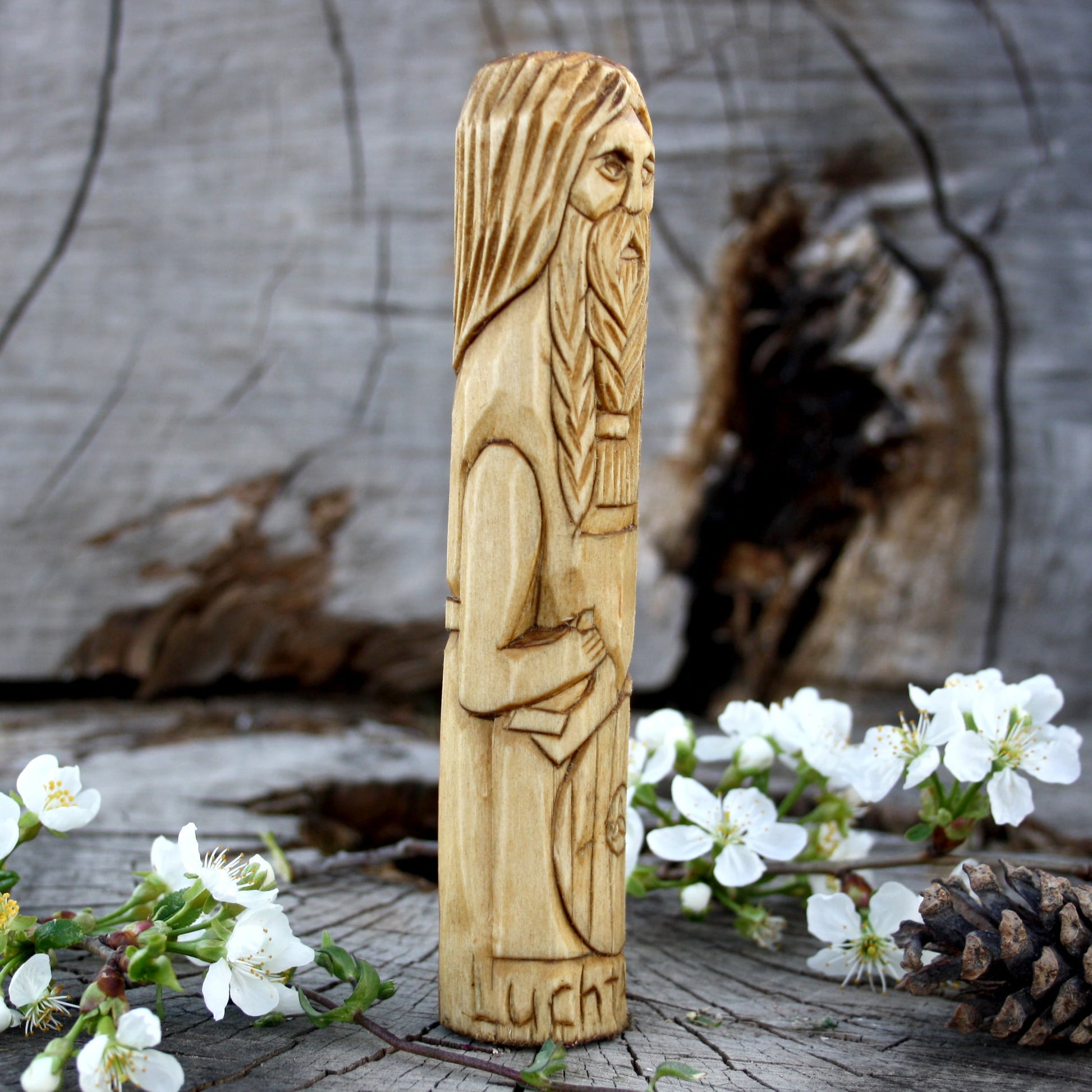Luchtaine Celtic god 15cm hand-carved wooden statue side view
