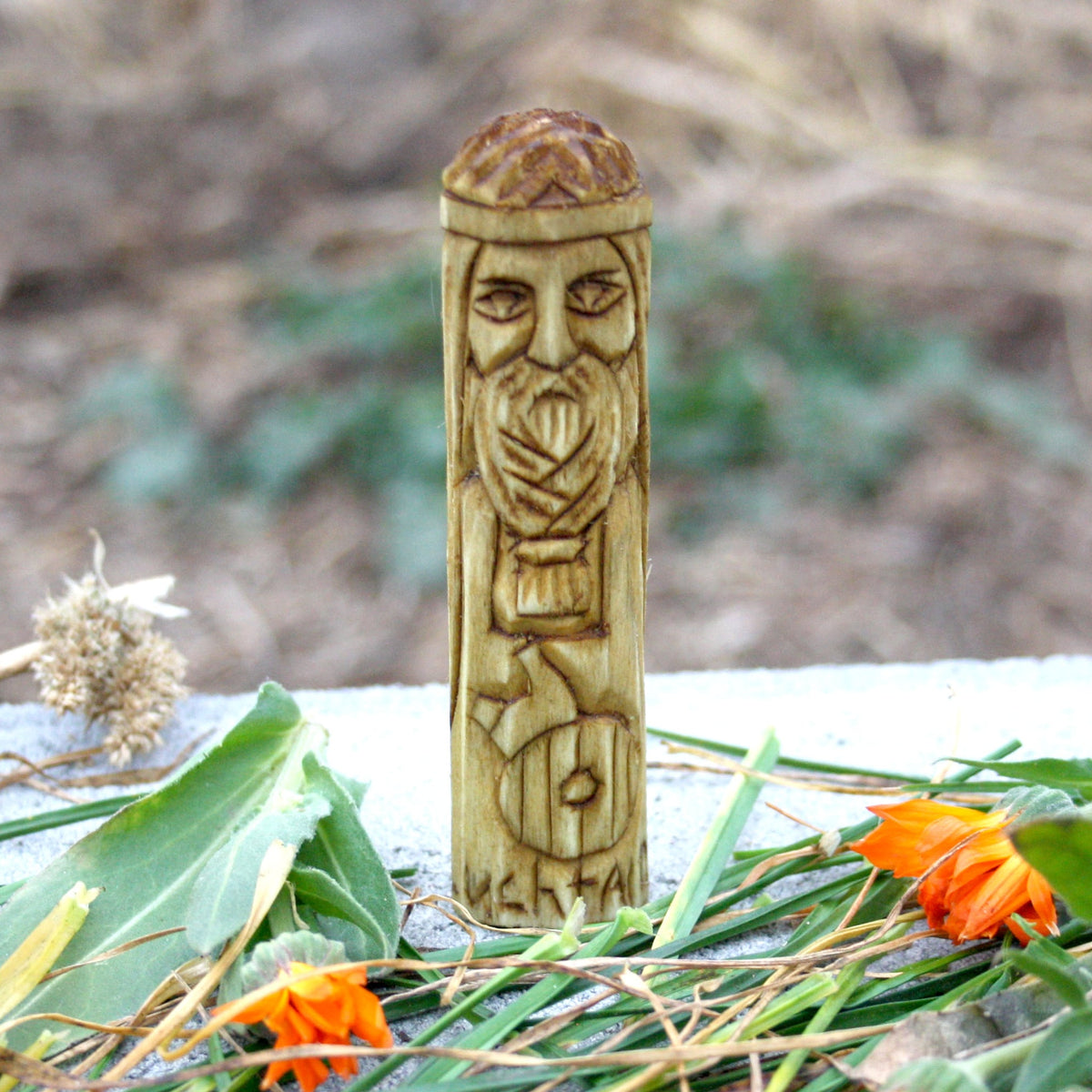 Hand-carved wooden Luchtaine figurine inspired by the woodworking craftsman of Irish mythology