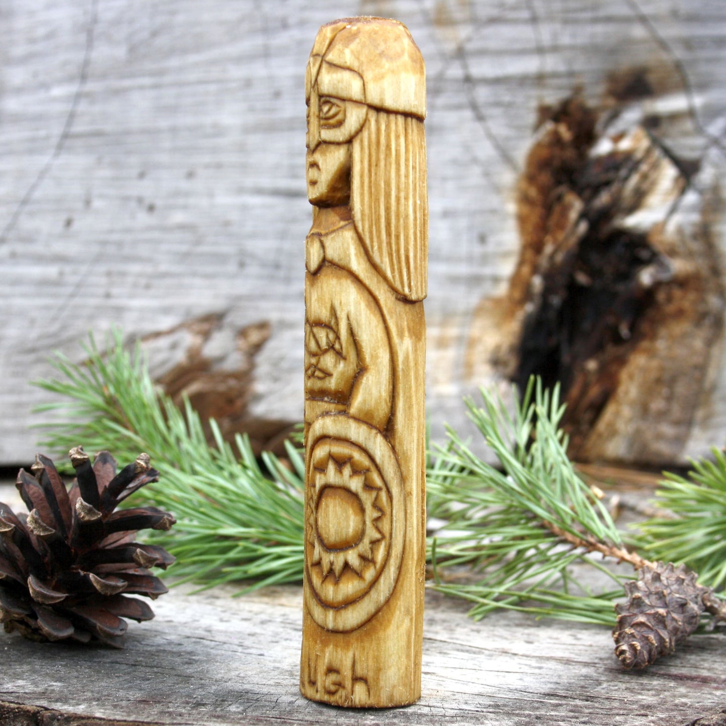 Lugh Celtic god 15cm wooden statue side detail
