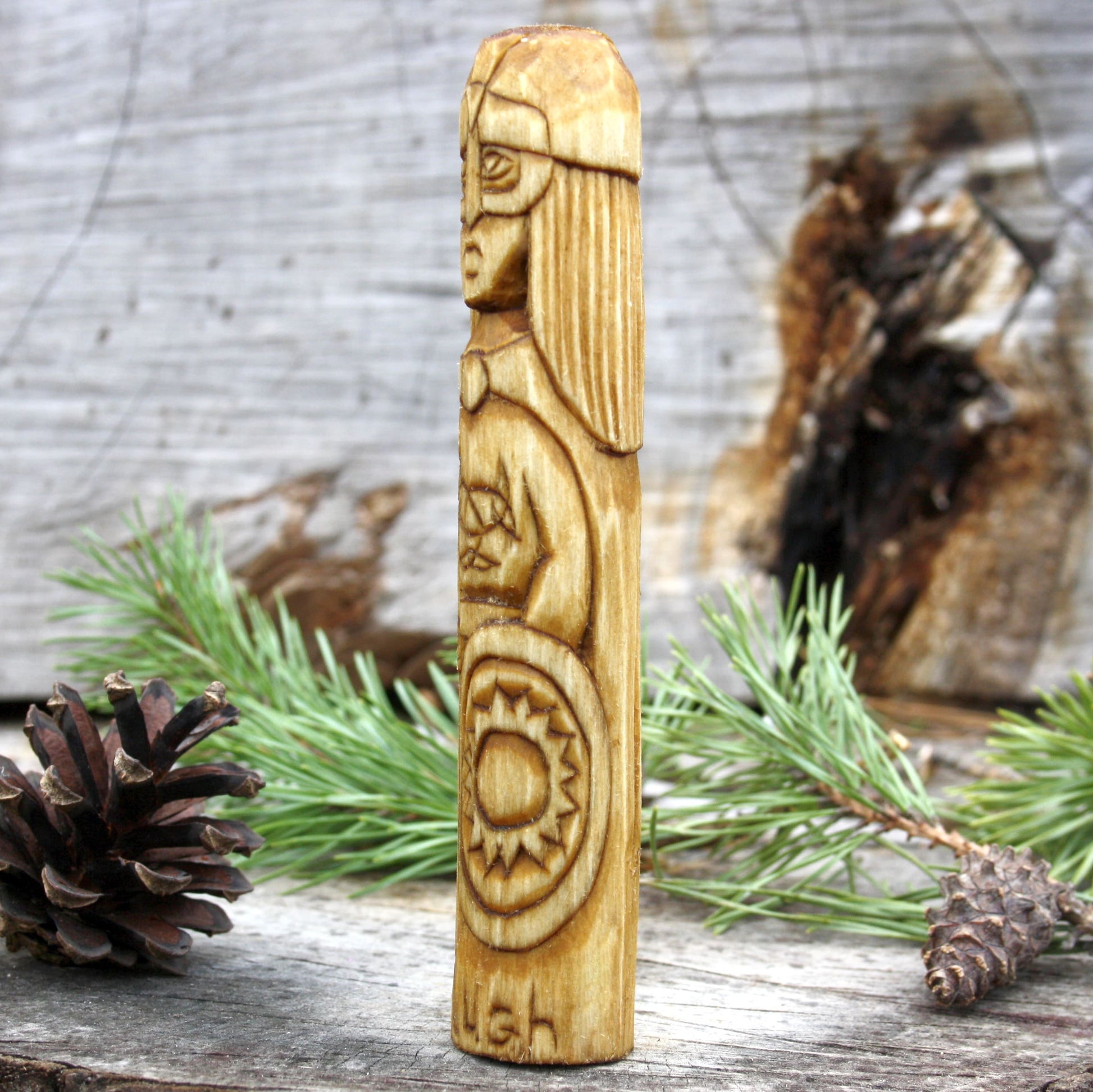 Lugh Celtic god 15cm wooden statue side detail