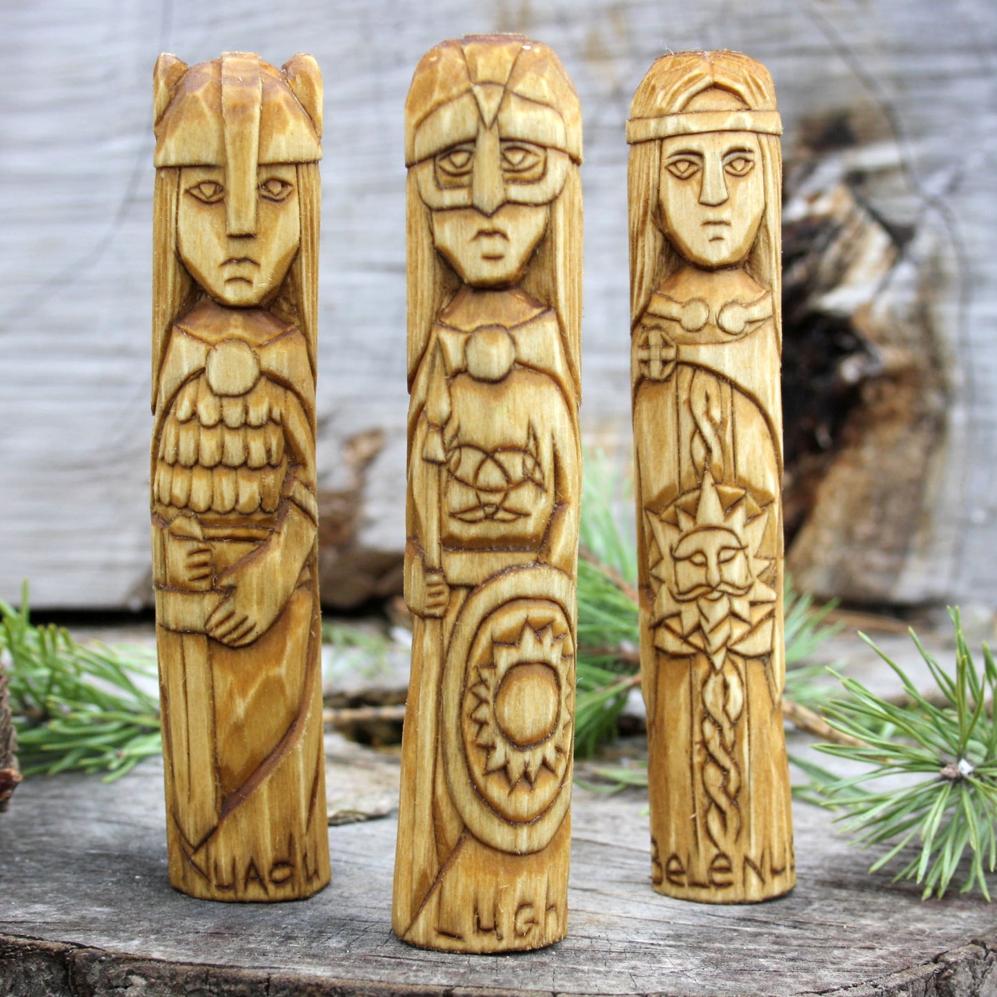 Lugh with other 15cm Celtic gods hand-carved wooden statues