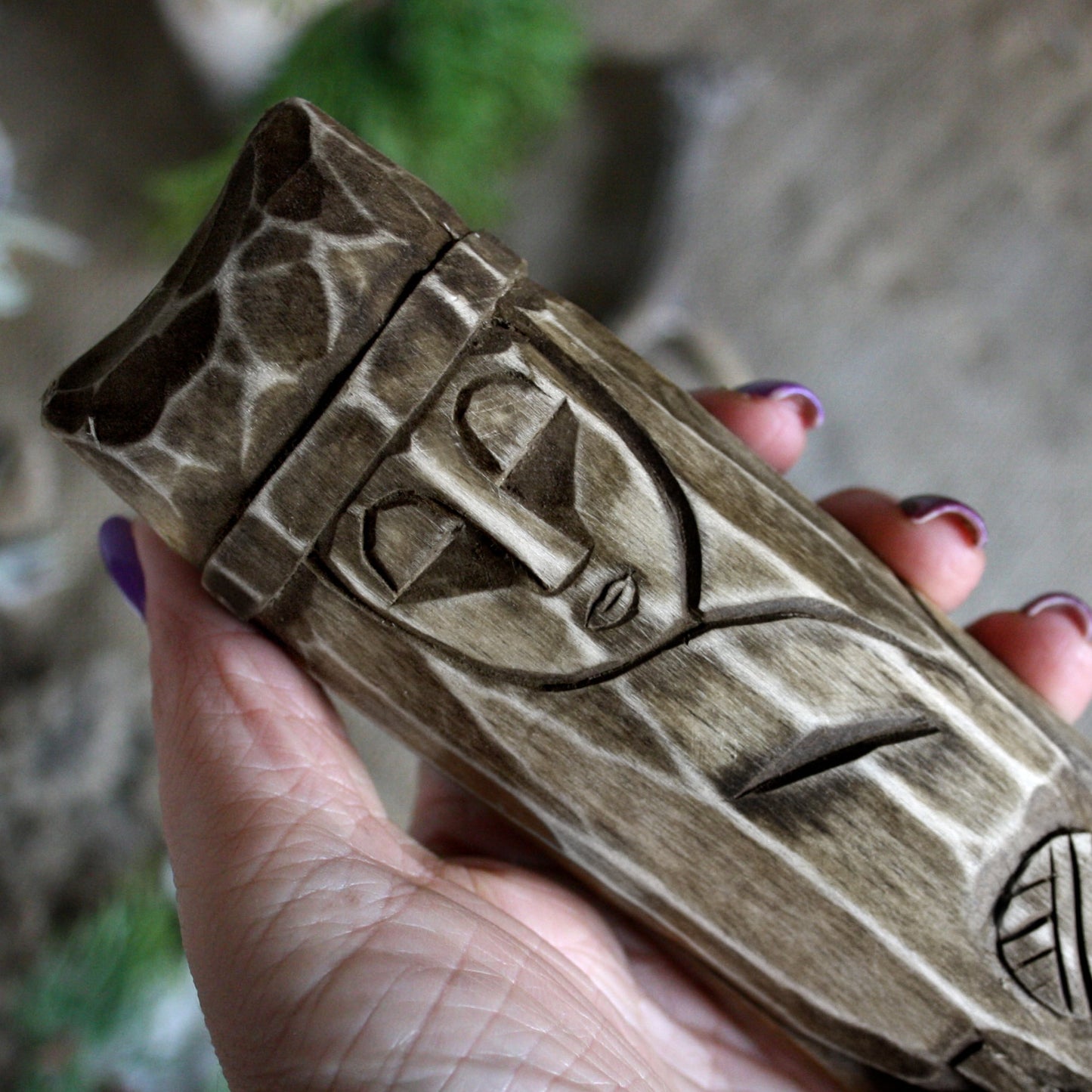 Close-up of Makosh Slavic goddess of fate wooden idol 25 cm showing hand-carved facial details