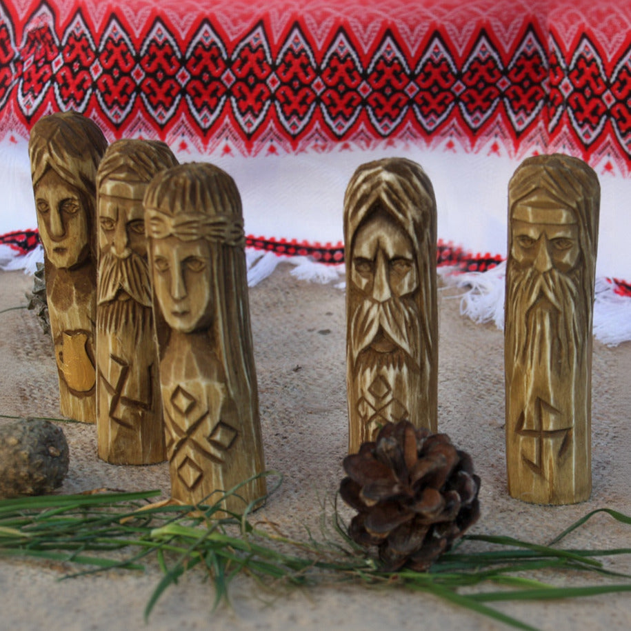 Set of five 10 cm Slavic gods wooden statues left view