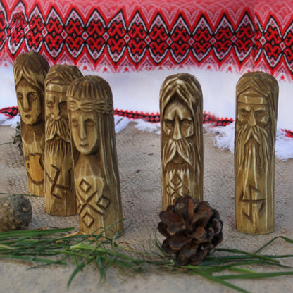 Set of five 10 cm Slavic gods wooden statues left view