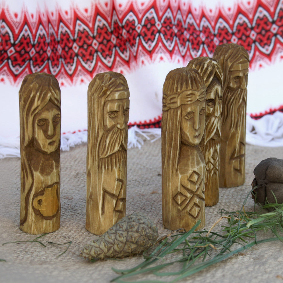 Set of five 10 cm Slavic gods wooden statues right view