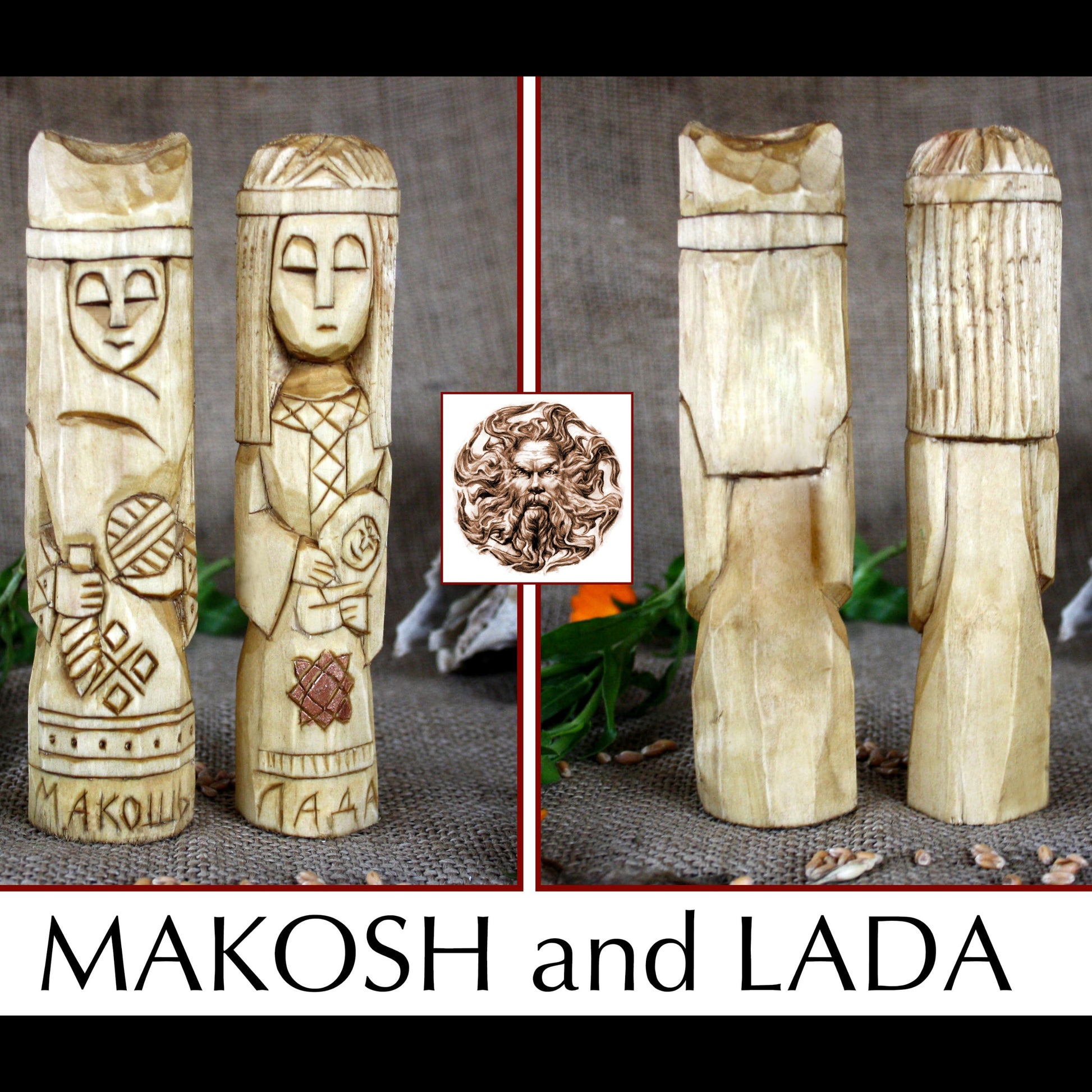 Makosh and Lada Slavic goddess wooden idols 17 cm front and back views
