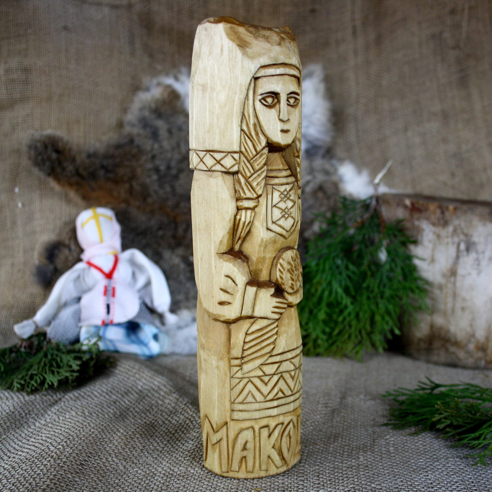 Right side of Makosh Slavic Goddess hand carved wooden statue