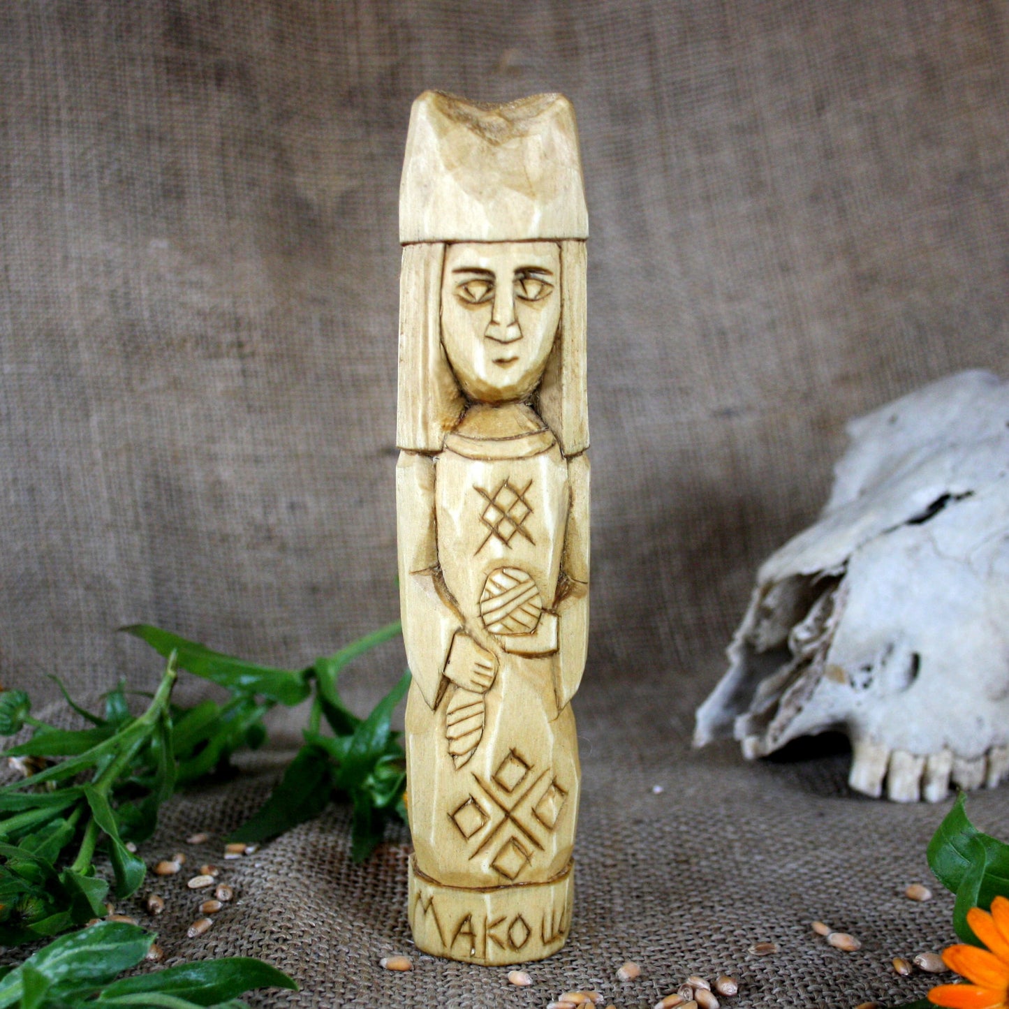 Front view of Makosh Slavic wooden idol 18 cm hand carved from linden wood
