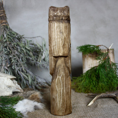 Back view of Makosh Slavic wooden idol 25 cm with dark finish