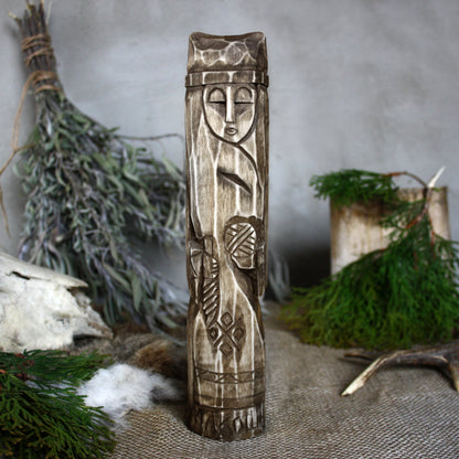 Front view of Makosh Slavic wooden idol 25 cm with dark wood finish