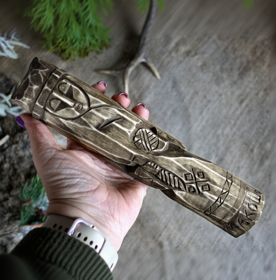 Makosh Slavic wooden idol 25 cm held in hand to show size and scale