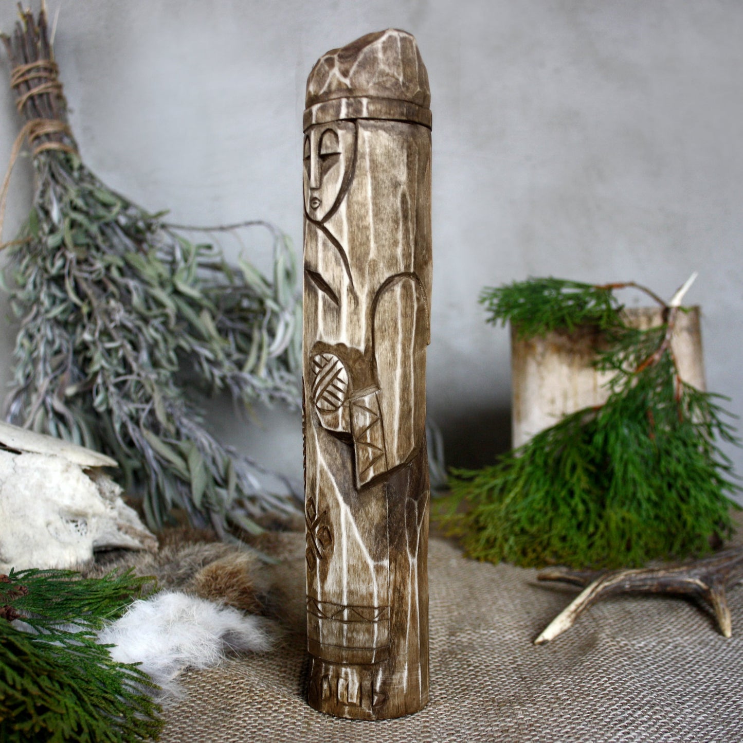 Left side of Makosh Slavic goddess wooden idol 25 cm hand carved from linden wood