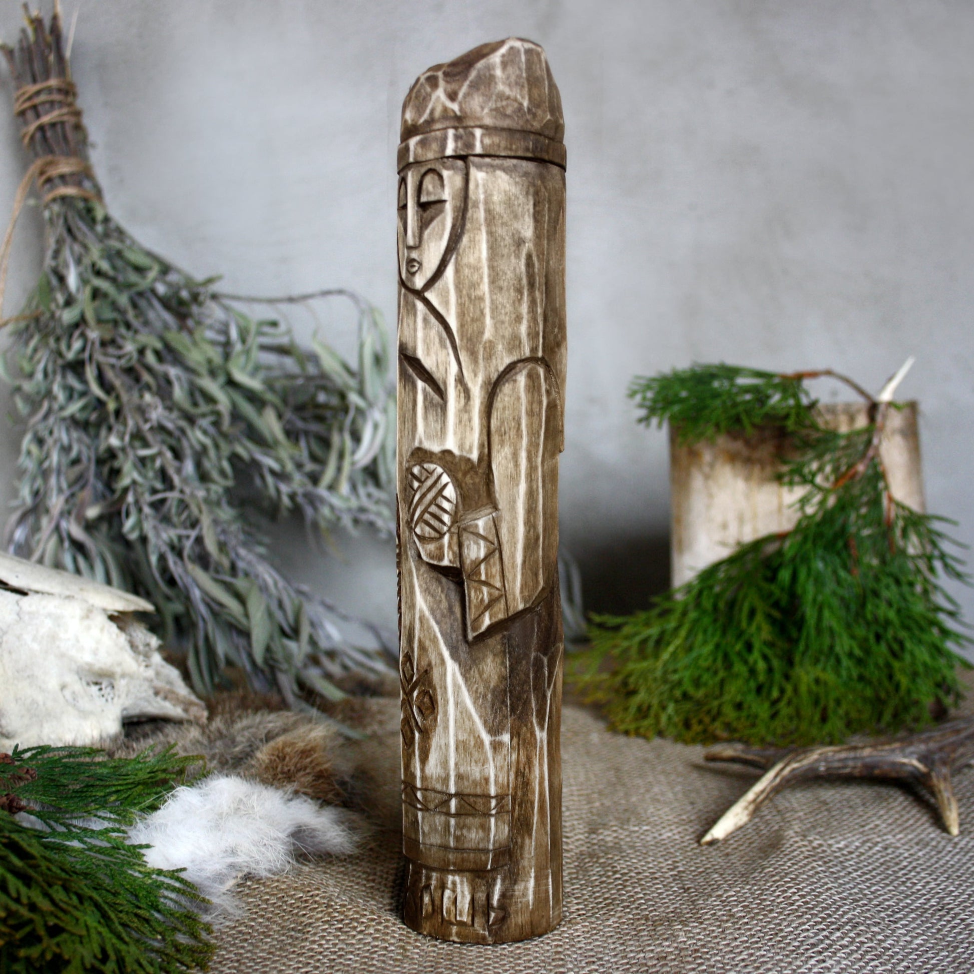 Left side of Makosh Slavic goddess wooden idol 25 cm hand carved from linden wood