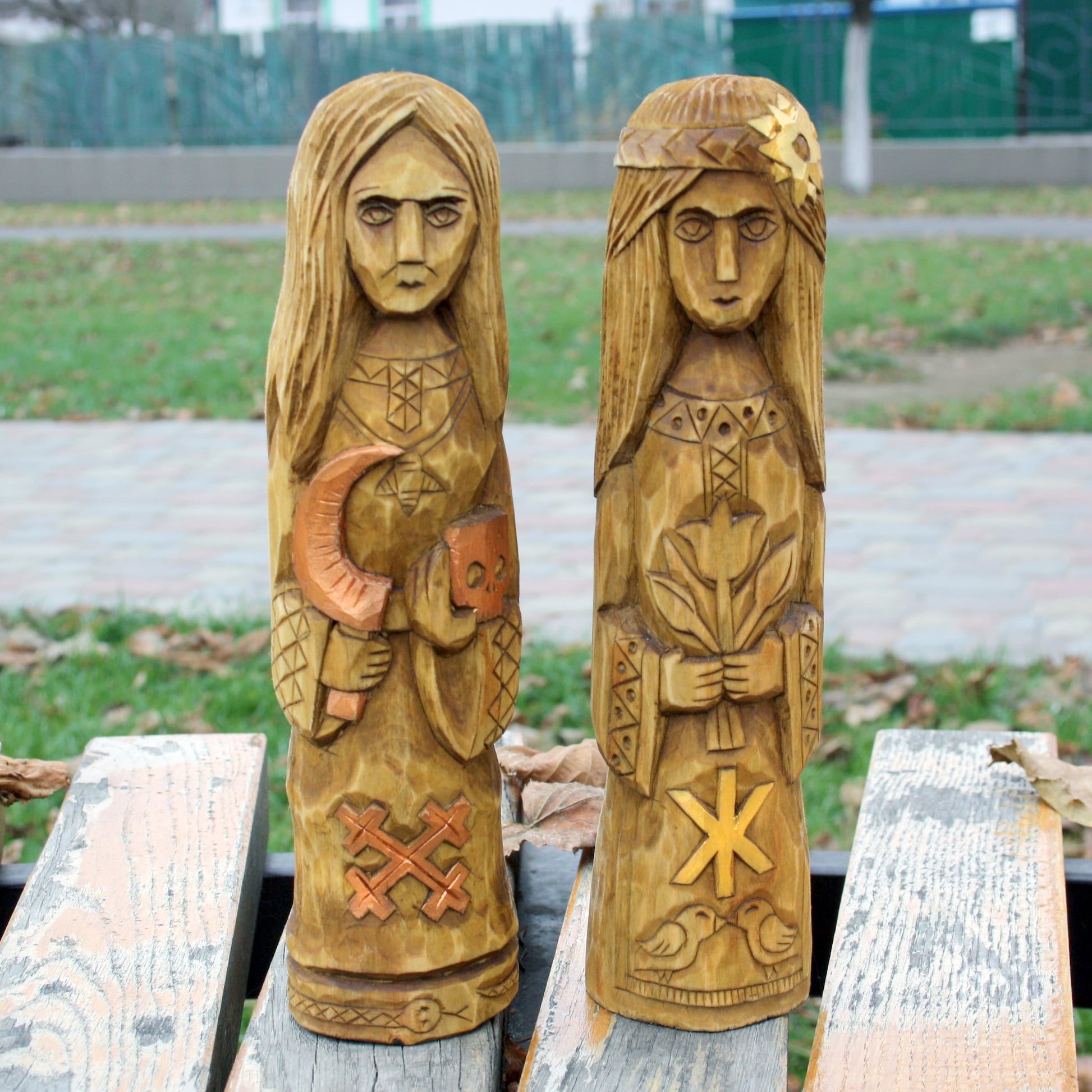 Hand carved Slavic Goddesss wooden statues Mara and Zhiva