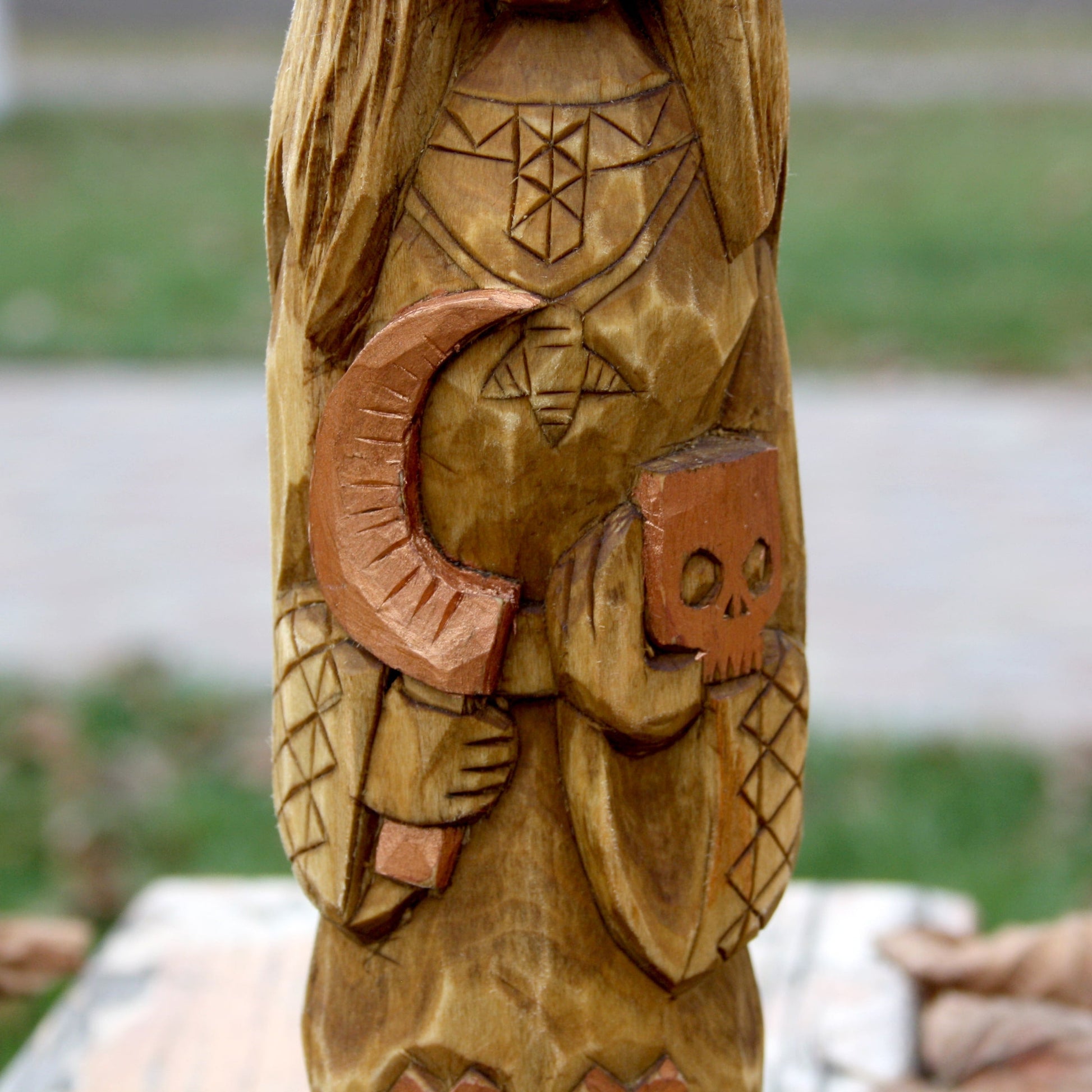 Detailed carving of Mara Slavic Goddess wooden statue