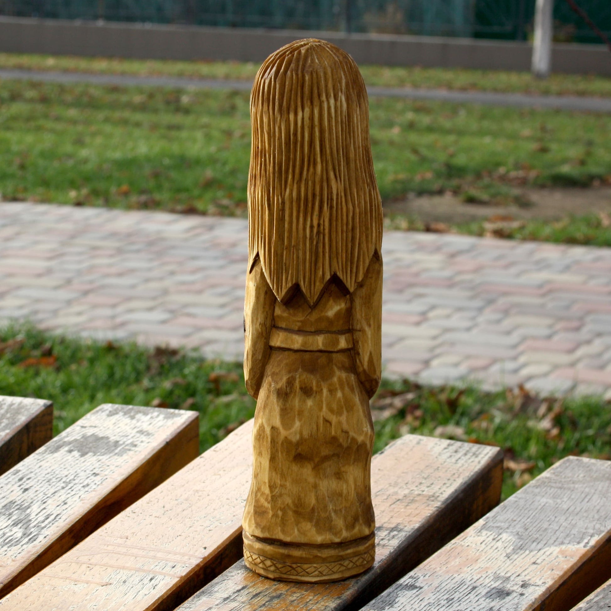 Back view of Mara Slavic Goddess wooden statue 25 cm