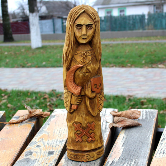 Front view of Mara Slavic Goddess wooden statue 25 cm hand carved from linden wood