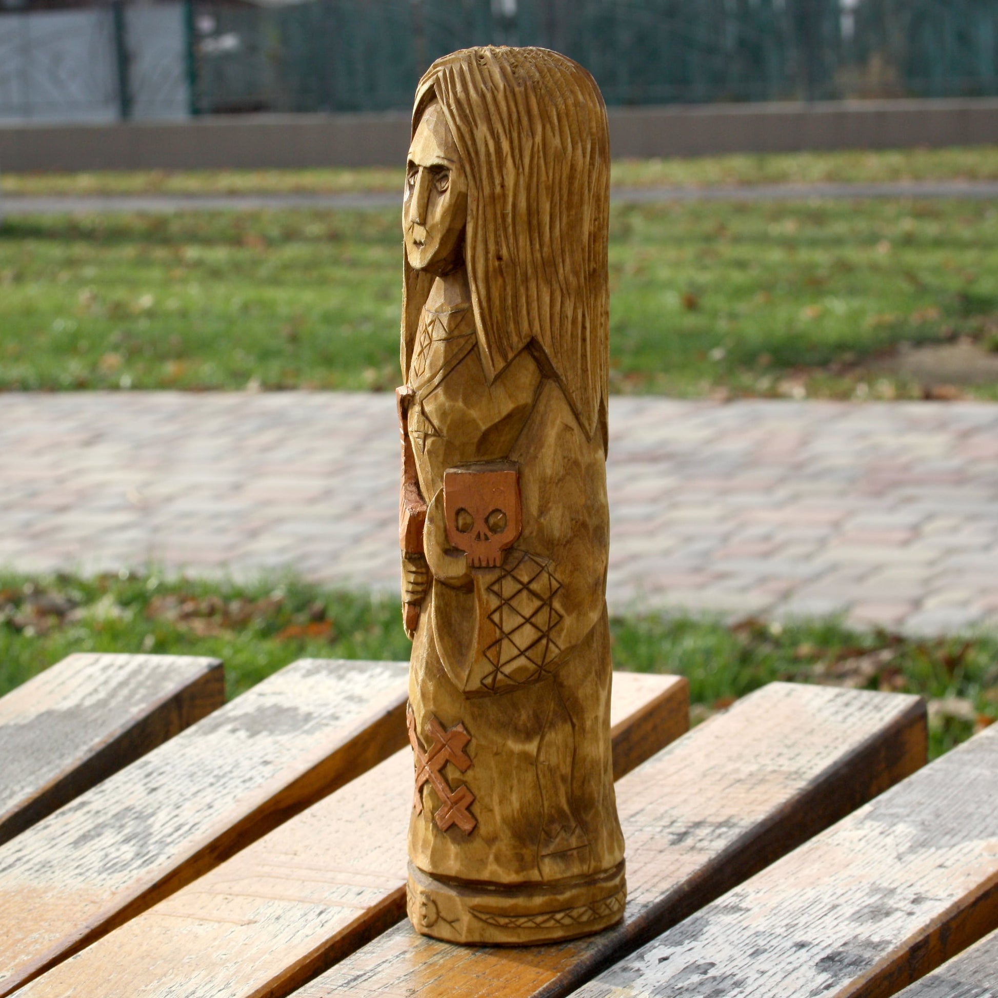 Left side of Mara Slavic Goddess wooden statue handcrafted from linden wood