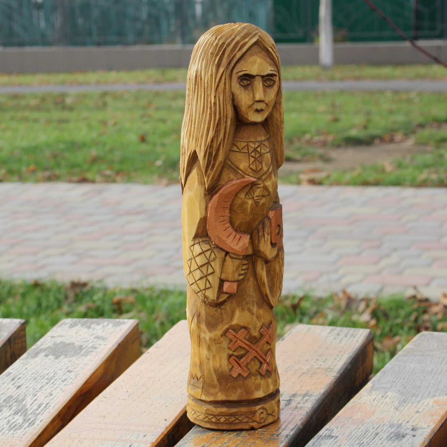 Right side of Mara Slavic Goddess hand carved wooden statue