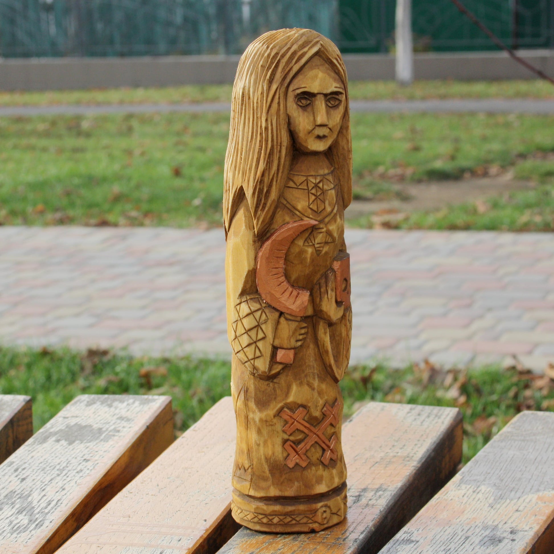 Right side of Mara Slavic Goddess hand carved wooden statue