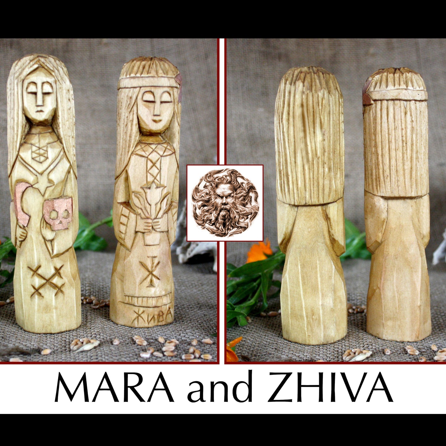 Mara and Zhiva Slavic goddess wooden idols 17 cm front and back views