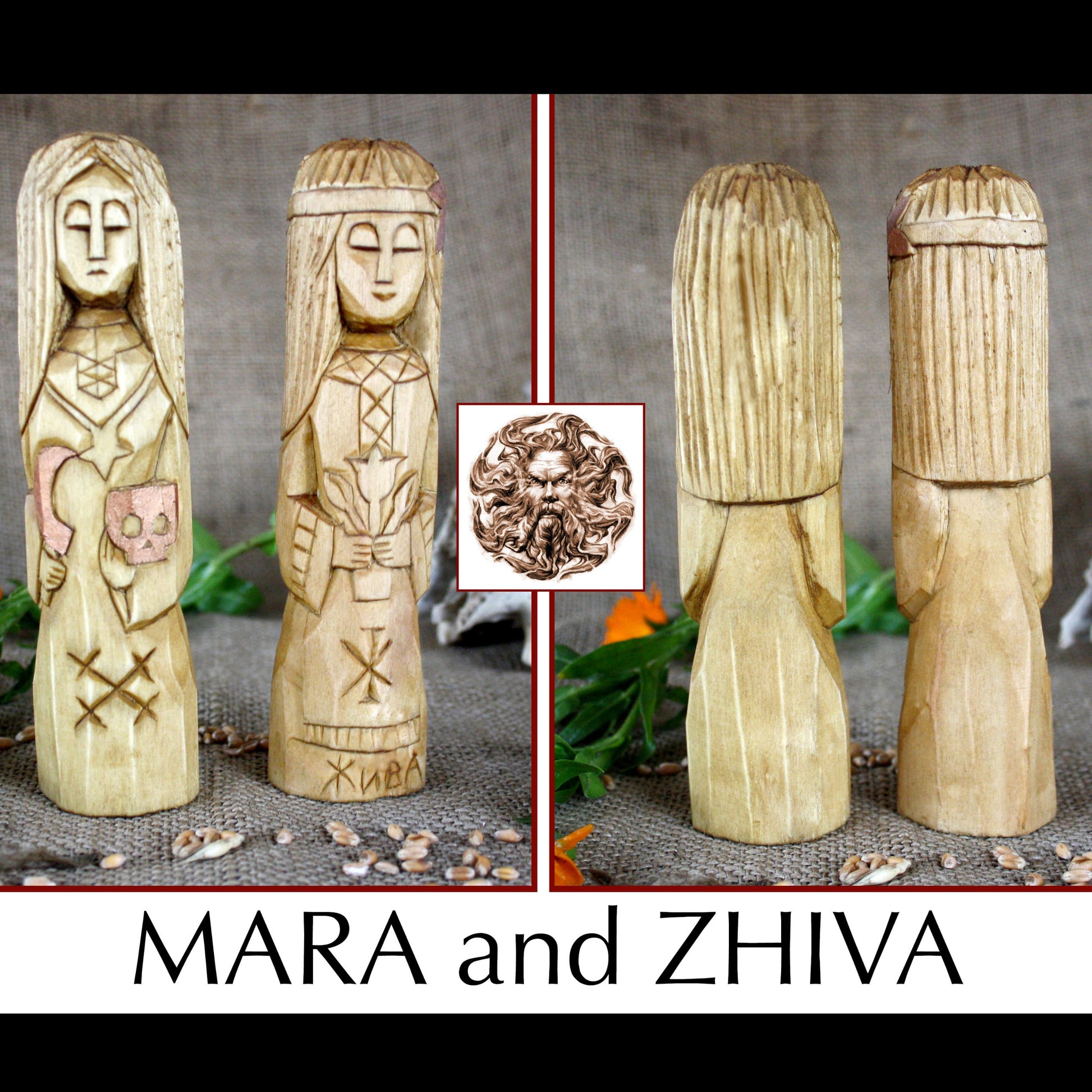 Mara and Zhiva Slavic goddess wooden idols 17 cm front and back views