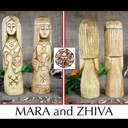 Mara and Zhiva Slavic goddess wooden idols 17 cm front and back views