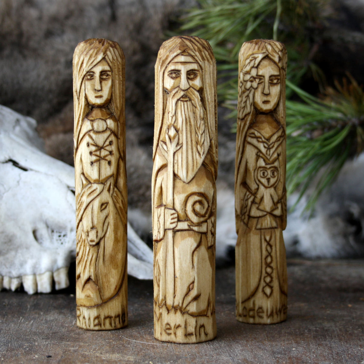 Merlin with other 15cm Celtic gods and mythical figures hand-carved wooden statues