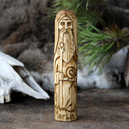 Merlin Celtic wizard and legendary prophet 15cm hand-carved wooden statue front view